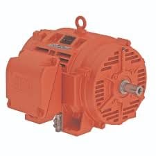 Orange industrial electric motor on display.