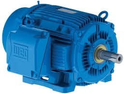 Blue industrial electric motor on white background.